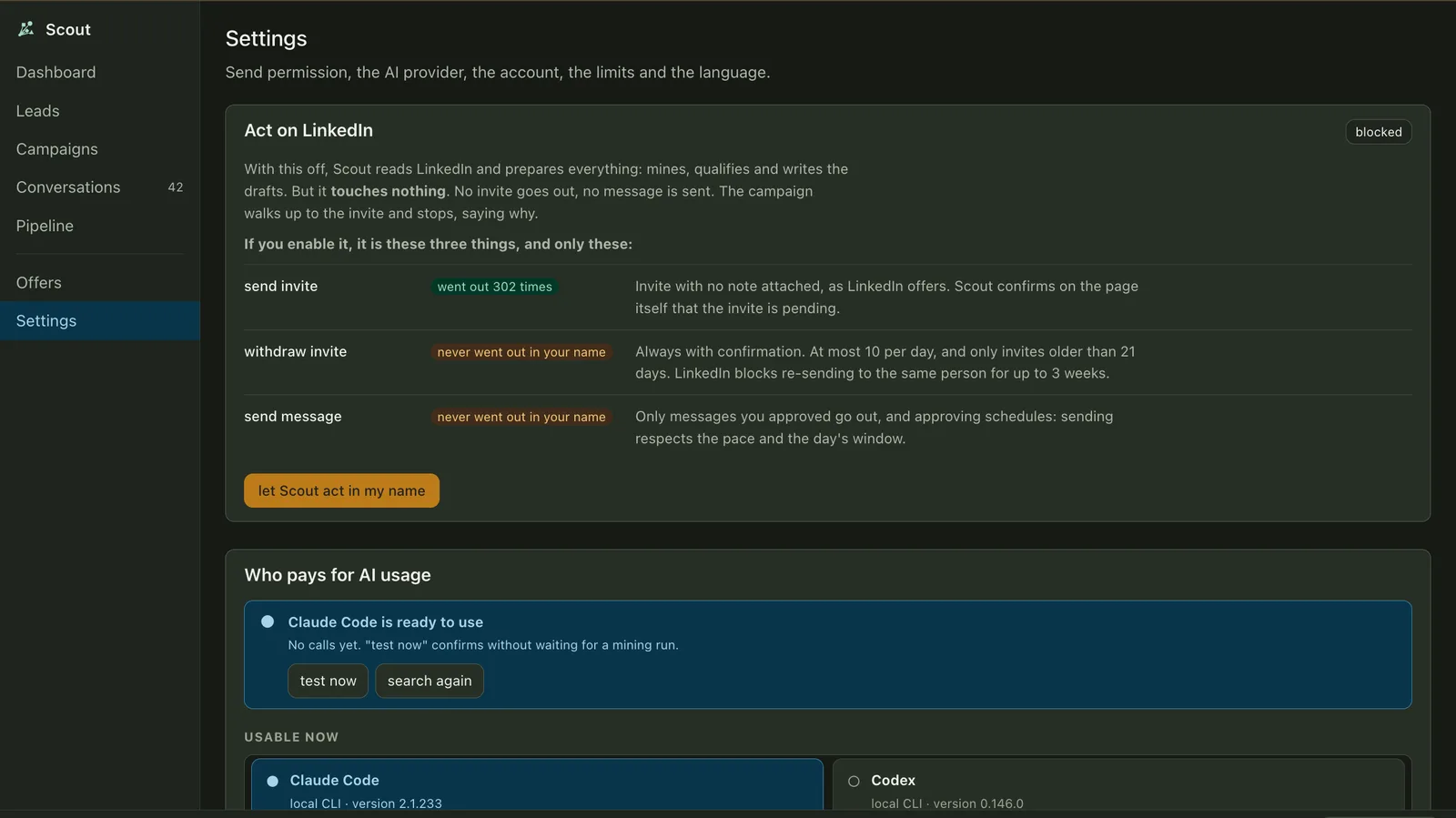 Scout's Settings screen in the dark theme, with the "Act on LinkedIn" gate blocked by default