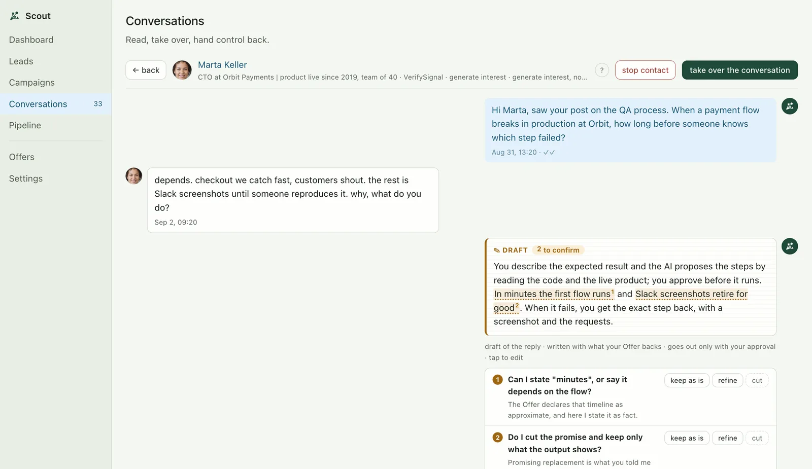 A conversation in Scout: the reply draft waits for your approval